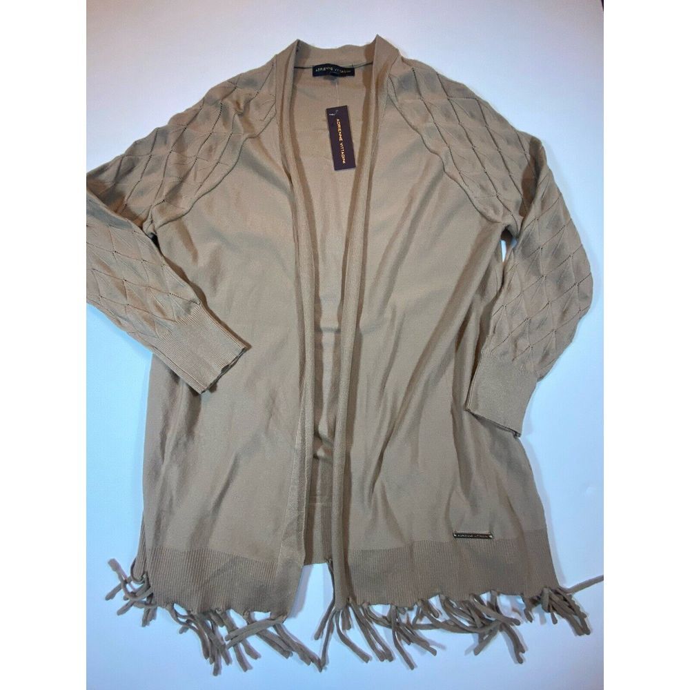 Adrienne Vittadini Womens Tan Cardigan Open Front Fringe Trim Size Small NEW